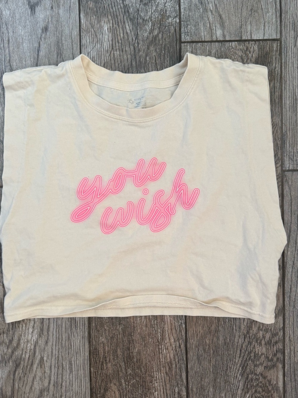 aerie Cream Crop Tee with Pink "you wish" Script